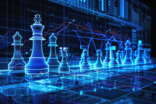 A conceptual scene of chess pieces on a board that doubles as a financial dashboard strategy meeting analytics