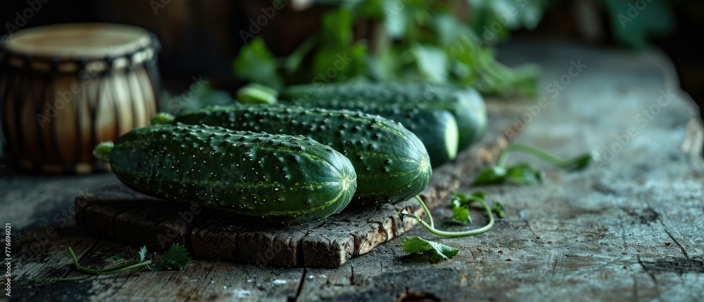 Poster three cucumbers are sitting on a cutting board with some leaves. generative ai.
