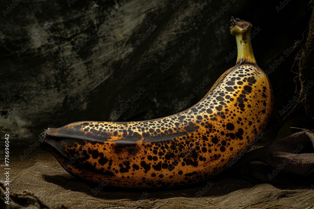 Poster a banana with spots on it sitting in a dark room. generative ai.