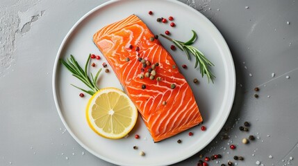 A plate of salmon with herbs and spices on top.