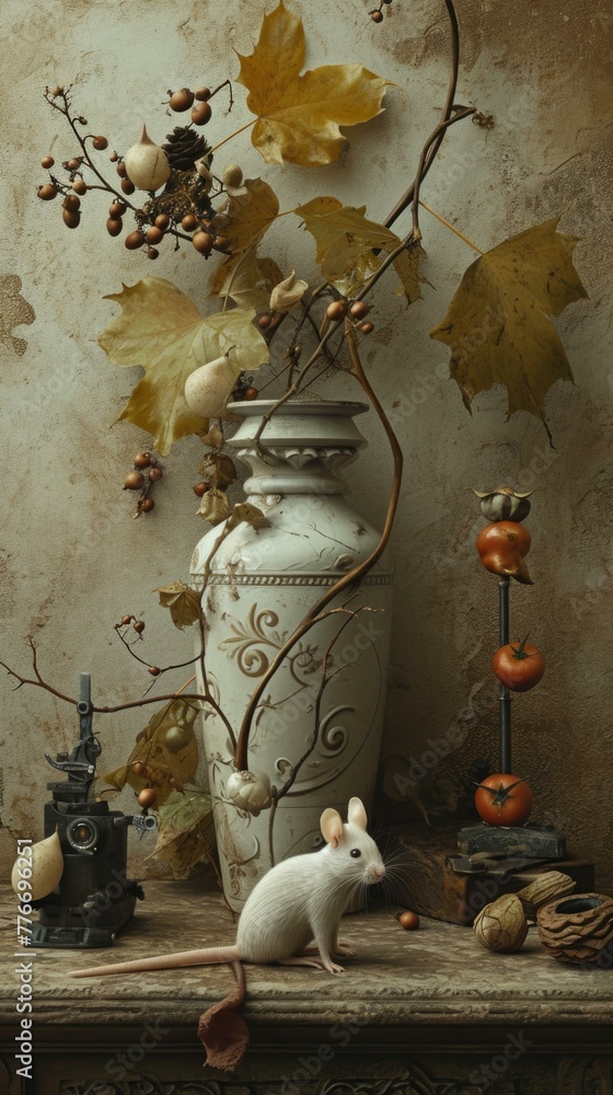Poster a mouse sitting on a table next to an ornate vase. generative ai.