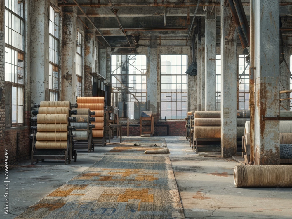 Poster a room with a lot of rolls and machines in it. generative ai.