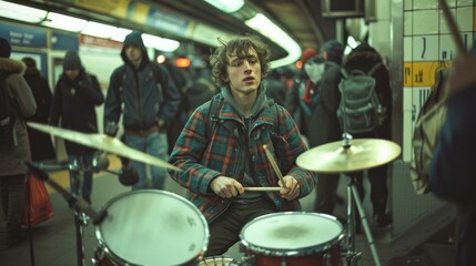 A man playing drums in a  station with other people. Generative AI.