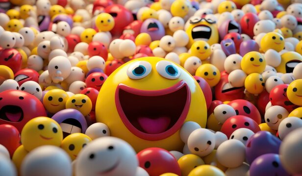 A yellow smiley face surrounded by many other smiling faces. Generative AI.