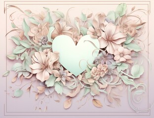 A heart shaped flower arrangement with leaves and flowers on a pink background. Generative AI.