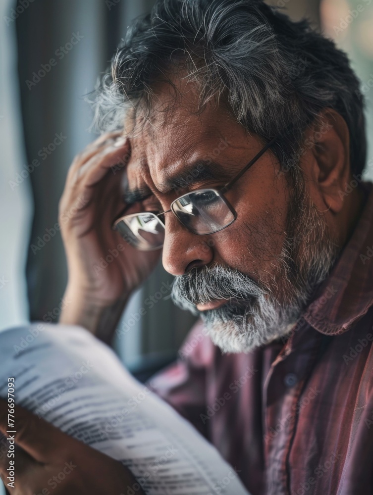 Poster a man with glasses reading a book while sitting in front of the window. generative ai.
