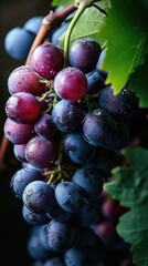 A bunch of grapes are hanging from a vine with leaves. Generative AI.