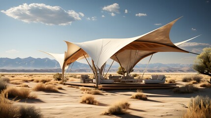 A photorealistic image taken during an a hot, day with clear blue sky in Californian desert. A minimalist, slender, light-weight, architectural canopy structure with rigid, triangular truss system con - obrazy, fototapety, plakaty