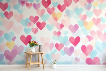 A wall with hearts painted on it is in a room. Generative AI.