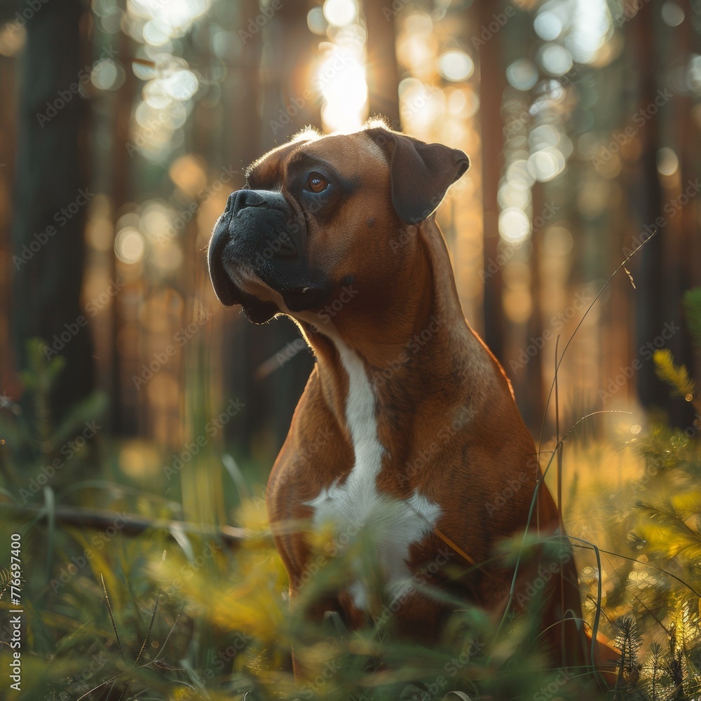 Poster a dog sitting in the middle of a forest with trees. generative ai.