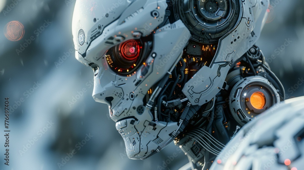 Poster a close up of a robot with glowing eyes. generative ai.