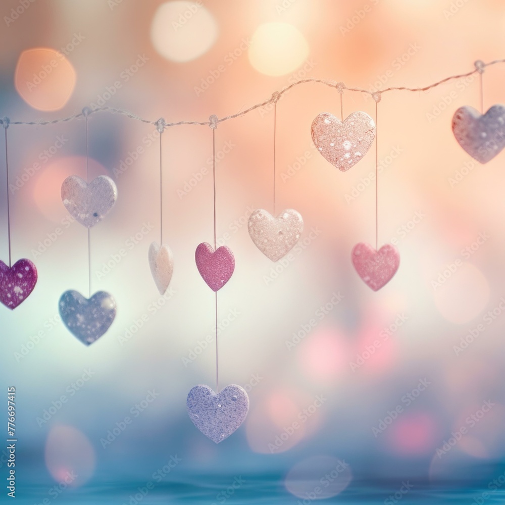 Poster a string of hearts hanging from a wire with lights. generative ai.
