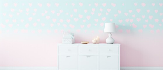 A white dresser with pink hearts painted on the wall. Generative AI. - obrazy, fototapety, plakaty