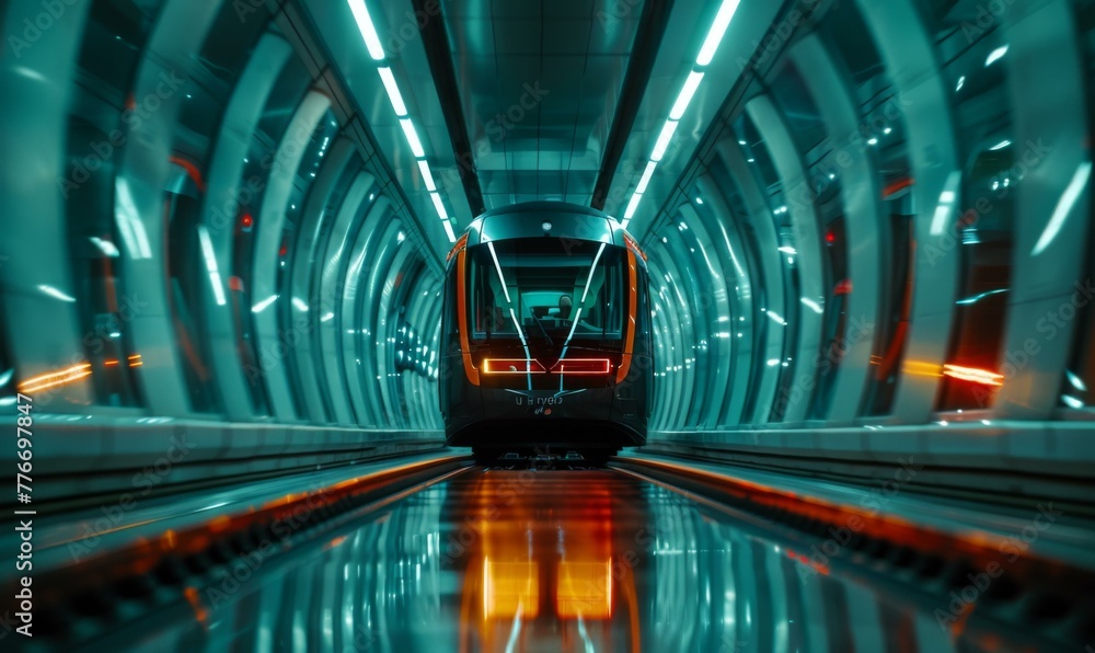 Poster a train traveling through a tunnel with lights on it. generative ai.