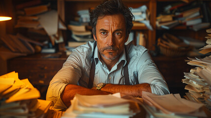 Man sitting at his desk in front of stacks with piles of papers.