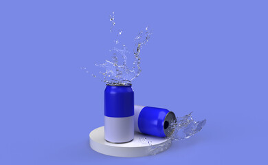 Blue drink can with water splashing from inside.