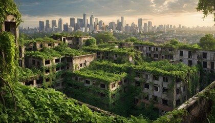 City skyline obscured by lush greenery with vines creeping up the sides of buildings and trees growing through abandoned structures, the effects of climate change, a future without humans - Powered by Adobe