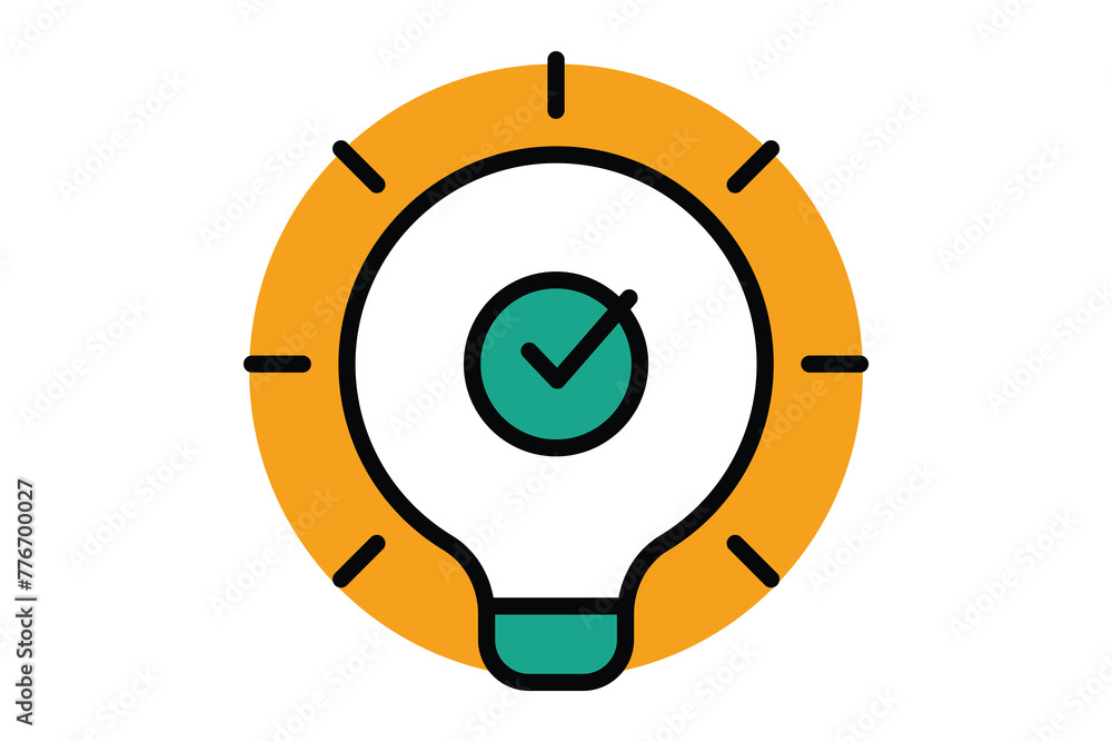 Poster solution icon. light bulb with check mark in circle. icon related to action plan, business. flat lin