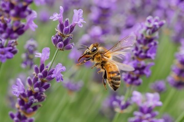 Close-up view of a beautiful honey bee delicately pollinating vibrant lavender flowers under the golden rays of the summer sun in a picturesque garden filled with lush greenery and colorful blooms.