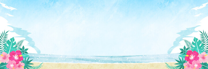 夏の海の水彩バナー背景 ハイビスカスと青空のビーチの風景イラスト