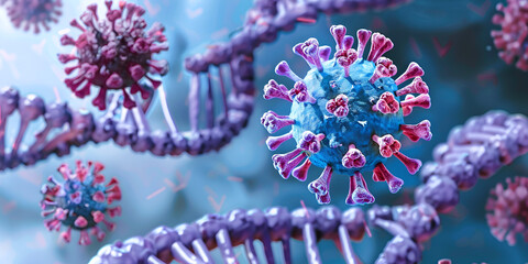 3D illustrated virus Virus cell or bacterial background COVID19 mutant virus,  Virus cells attacking a dna strand