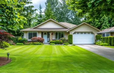Meubelstickers A beautiful home with a perfectly manicured lawn and landscaping in Washington state, USA © Kien