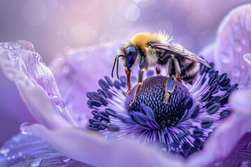 Close-up of a bee on the dark center of a purple anemone, with water droplets on petals reflecting light, highlighting the interaction between flora and fauna.