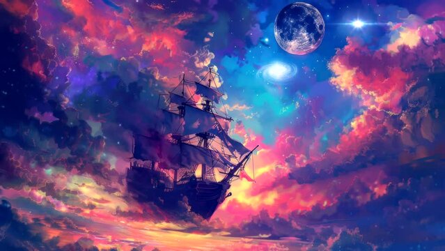 Celestial Pirates: Swashbuckling Adventures with Ships in the Night Sky. Seamless looping time-lapse virtual 4k video animation background