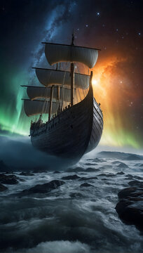Journey to Valhalla Viking Ship Surrounded by Auroras and Ionization