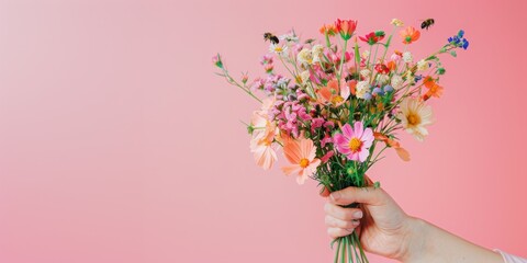 A hand holding a colorful wildflower bouquet with bees flying nearby, set against a soft pink background.