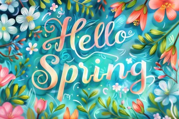 Obraz premium Vibrant 'Hello Spring' greeting surrounded by blooming flowers and tender leaves, signaling renewal