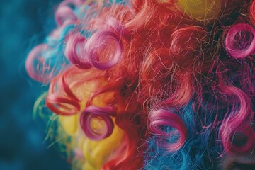 Vivid multicolored clown wig close-up with curly strands
