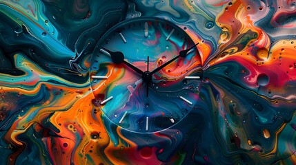 Melting and Swirling Clock Vibrant Abstract Digital Art Painting with Fluid Distortions and Psychedelic Colors - obrazy, fototapety, plakaty