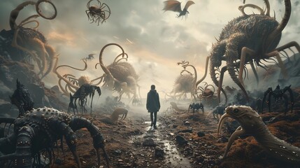 Solitary Figure Navigating a Surreal Dreamscape Amidst Alien Creatures and Wonders of the Unknown - obrazy, fototapety, plakaty