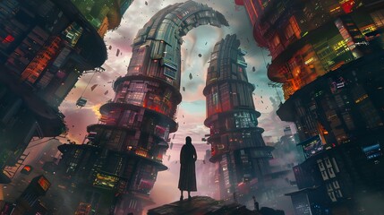 Solitary Figure Stands in Surreal,Dreamlike Cityscape with Twisted,Vibrant Architectural Structures