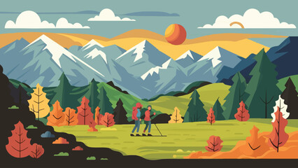 Fototapeta na wymiar Fall Mountain Hiking: Vibrant Vector Poster