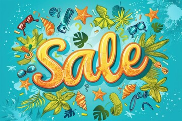 Fototapeta na wymiar Summer sale concept with 3D text surrounded by tropical elements and sea life on a bright turquoise background