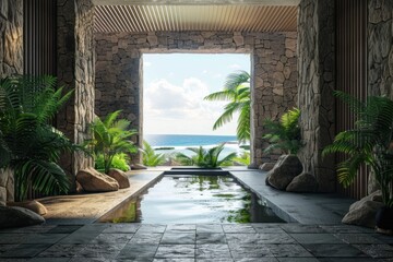 Ocean view from a luxurious indoor pool with stone walls and palm trees
