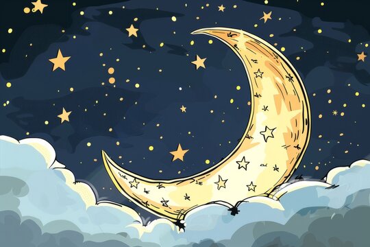 Cartoon cute doodles of a crescent moon and stars shining brightly in the night sky to mark the beginning of Eid, Generative AI
