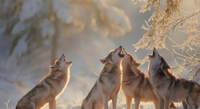 a pack of wolves howling in winter