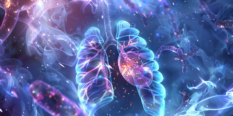 Digital illustration of human lungs with trachea surrounded by virus particles., Detailed 3d illustration of lungs, highlighting respiratory system and healthcare concept