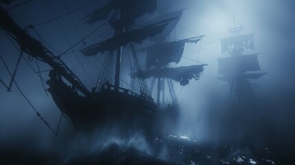 Haunting ghost ship with ethereal mists, tattered sails, and the silhouette of a ghastly crew, capturing the supernatural elements of pirate legends created with Generative AI Technology