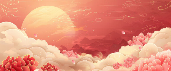 Chinese style background, red and gold gradient background with white auspicious clouds and pink peonies at the bottom of the picture, vector illustration, flat design, Chinese New Year celebration - obrazy, fototapety, plakaty