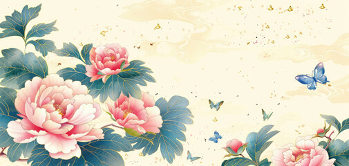 Chinese style illustration, pink peonies and blue butterflies flying in the sun, vector illustrations with simple lines in the style of flat design on a golden background