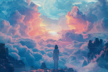 Craft a dreamlike abstract animated cartoon vision of heaven, where surreal landscapes shift and transform with the imagination of its inhabitants - obrazy, fototapety, plakaty