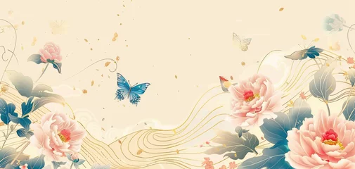 Rideaux velours Papillons en grunge Chinese style illustration, pink peonies and blue butterflies flying in the sun, vector illustrations with simple lines in the style of flat design on a golden background
