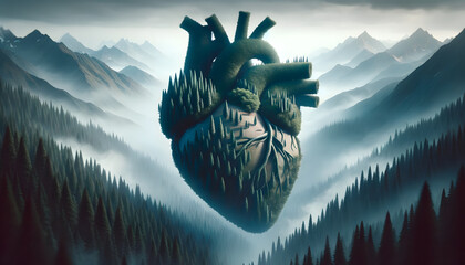 Forested Mountains Inside Human Heart, Concept Art - obrazy, fototapety, plakaty