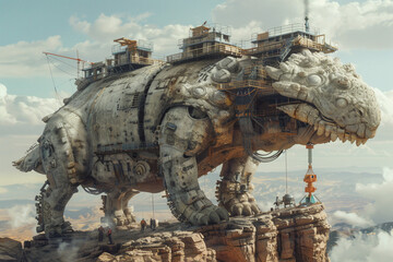 Fototapeta na wymiar Craft a surreal depiction of a grand house construction project taking place on the back of a colossal creature, with workers navigating its rugged terrain and harnessing its primal energy to build