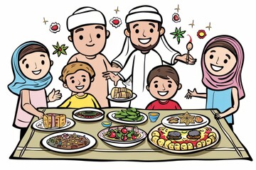 Cartoon cute doodles of families coming together to share a colorful and festive Eid meal with traditional dishes, Generative AI
