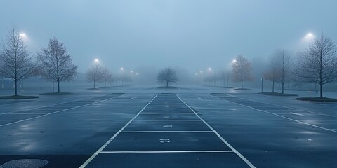 An empty parking lot on a cold, wet, foggy evening. An atmosphere of peace, mystery and mysticism. Generative AI